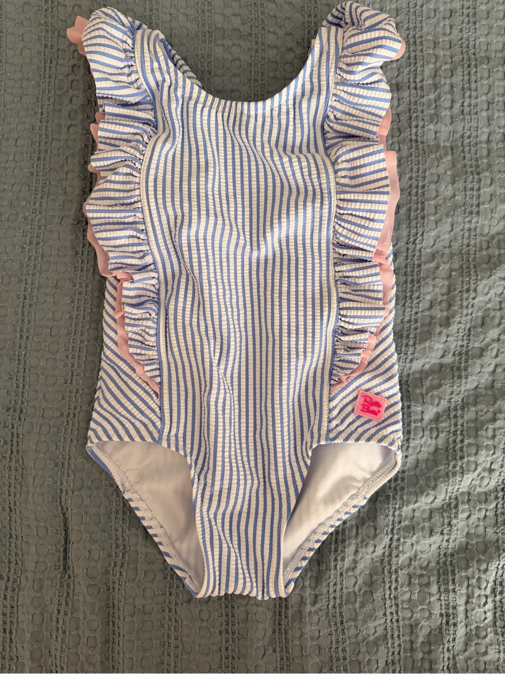 Ruffle Butts Blue & White Stripe One-Piece with Pink Ruffle Trim
